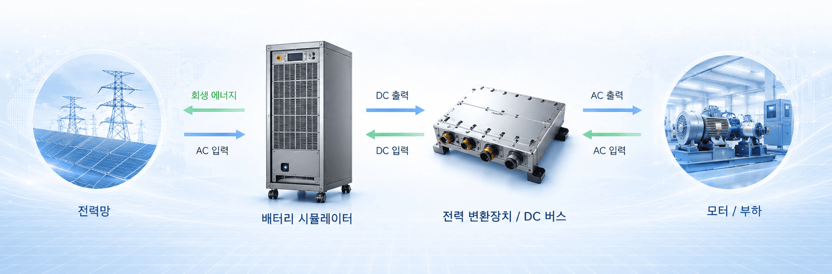 BLUESIGHT LC100-EV Series 전력망 배터리 시뮬레이터 전력 변환장치 모터 부하 에너지 흐름도