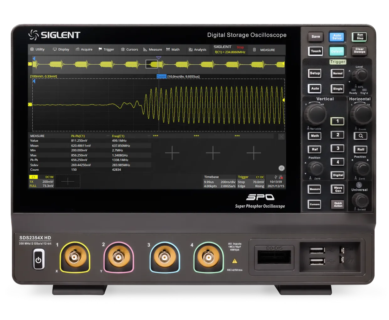 시글런트 SIGLENT SDS2000X HD 고분해능 디지털 오실로스코프 전면 파형 측정 화면 이미지