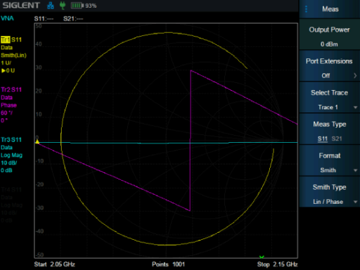 시글런트 SIGLENT SHA860A VNA Smith Chart 측정 화면