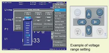 YOKOGAWA WT500 전압 레인지 설정 화면 예시 이미지